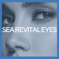 A blue box with a lovely set of eyes and the title Sea Revital-Eyes in the center in big, bold white block letters
